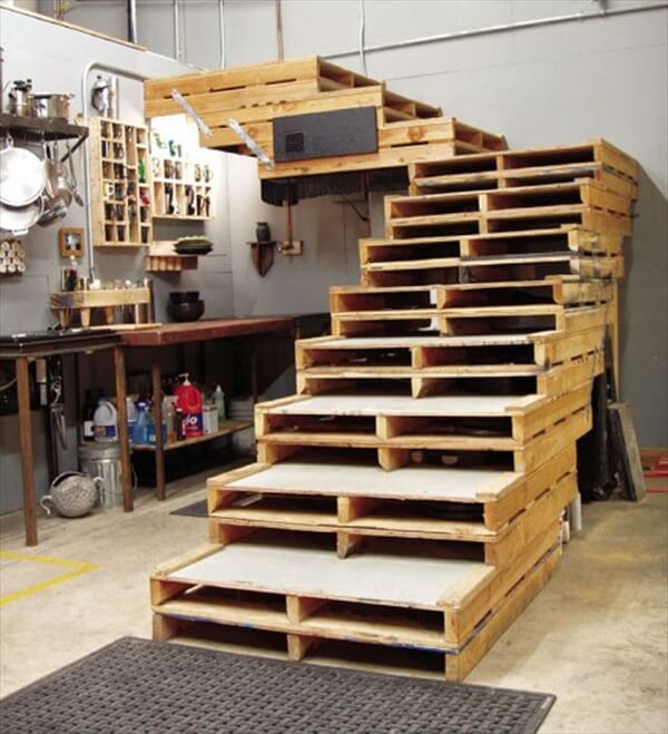Pallet used in office as a furniture like table and staircase.